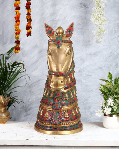 Brass Large Horse Face Head Showpiece with Natural Stones – 21.5” Antique tone - Budhshiv.com