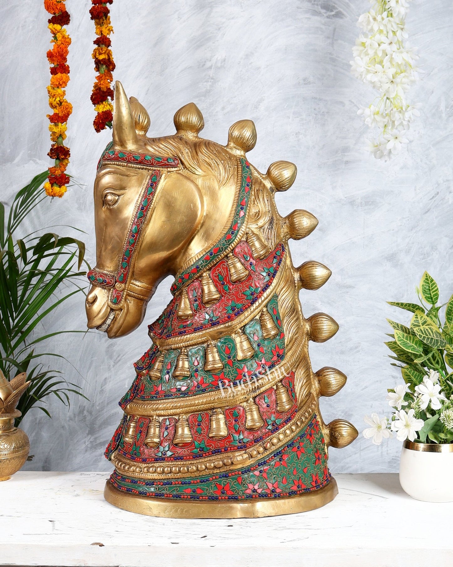 Brass Large Horse Face Head Showpiece with Natural Stones – 21.5” Antique tone - Budhshiv.com