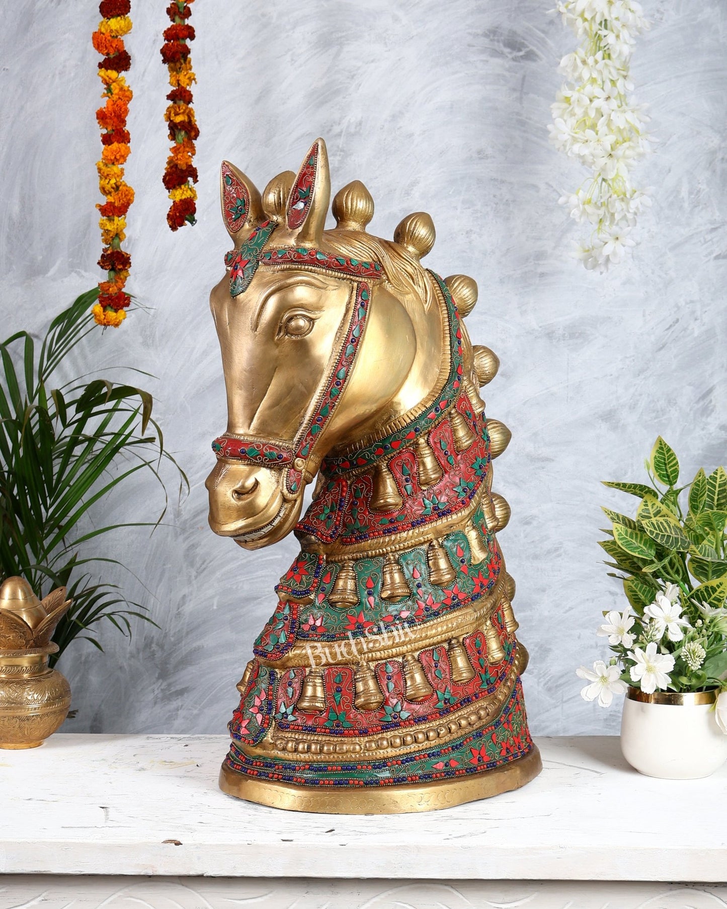 Brass Large Horse Face Head Showpiece with Natural Stones – 21.5” Antique tone - Budhshiv.com