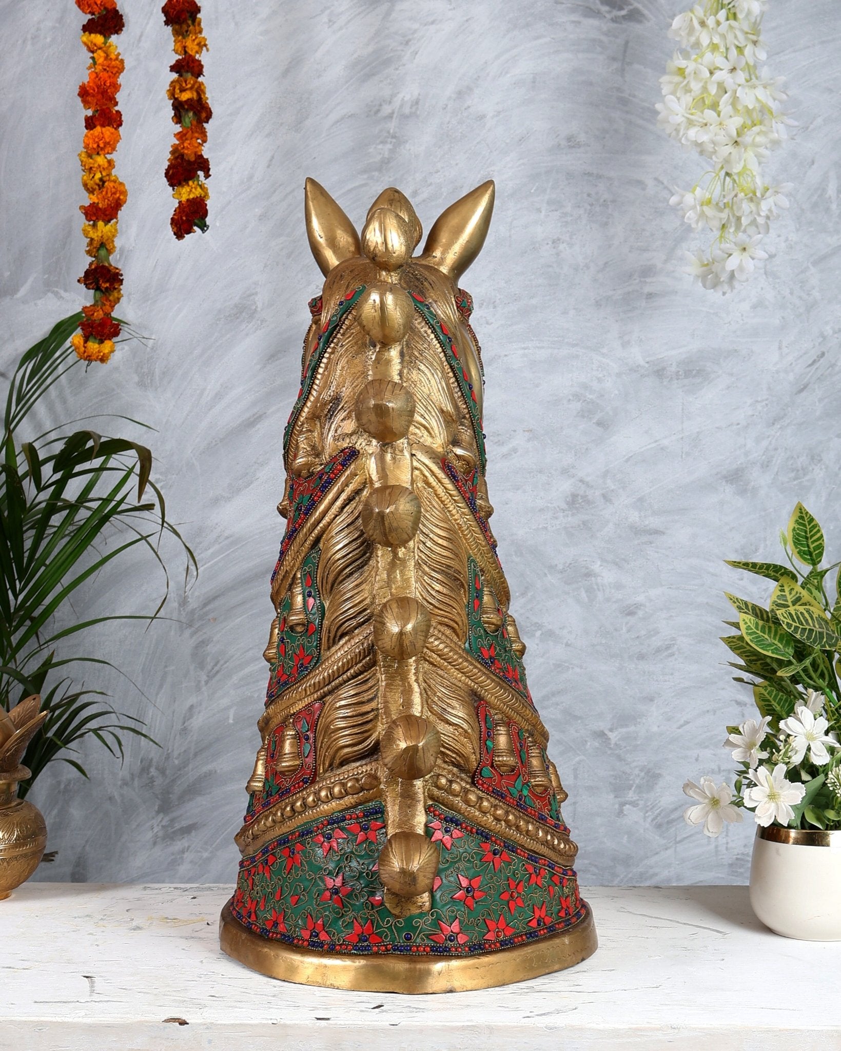 Brass Large Horse Face Head Showpiece with Natural Stones – 21.5” Antique tone - Budhshiv.com