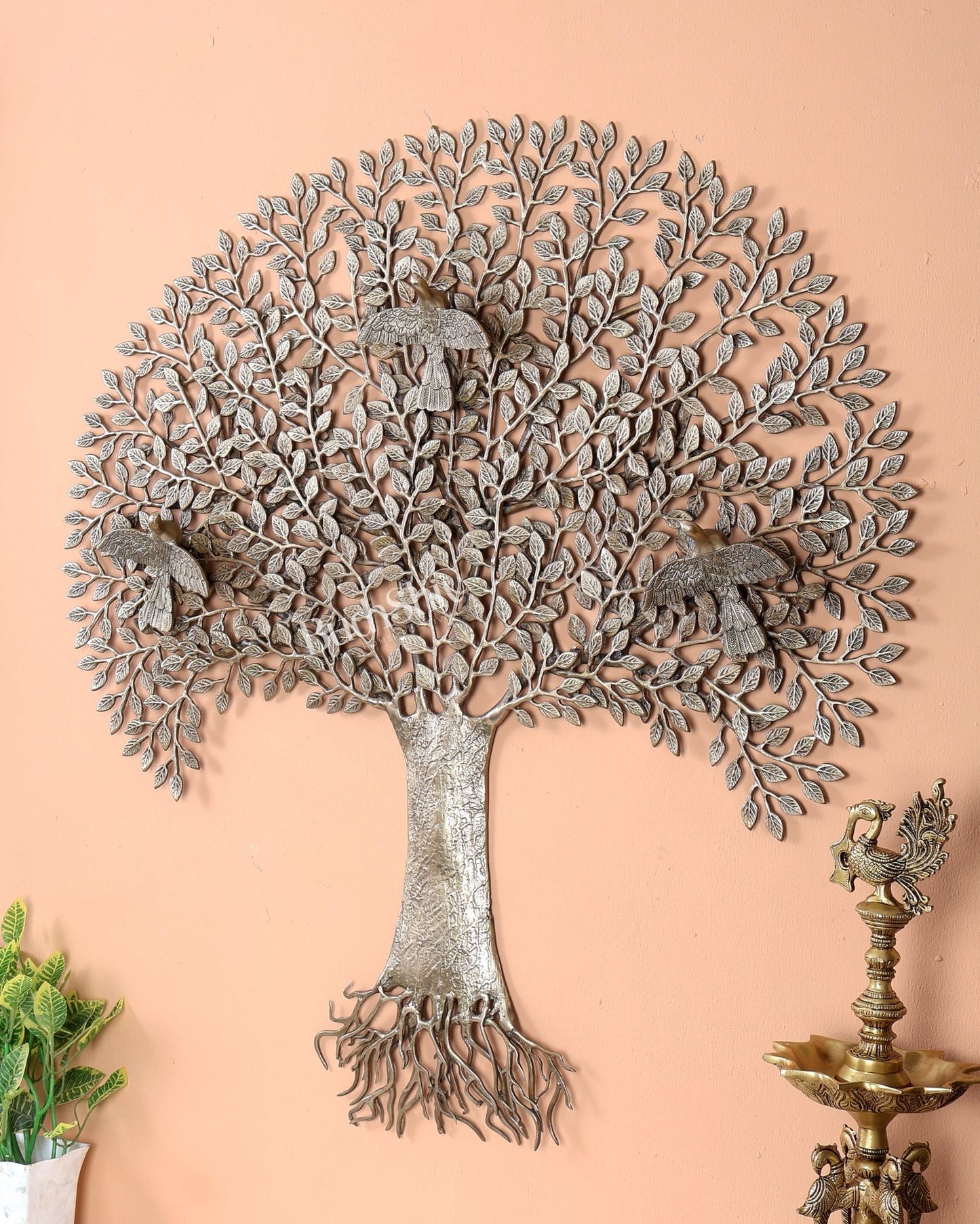 Brass Large Kalpavriksha Tree with Roots Wall Hanging – Handcrafted Tree of Life Wall Décor 34 inch - Budhshiv.com