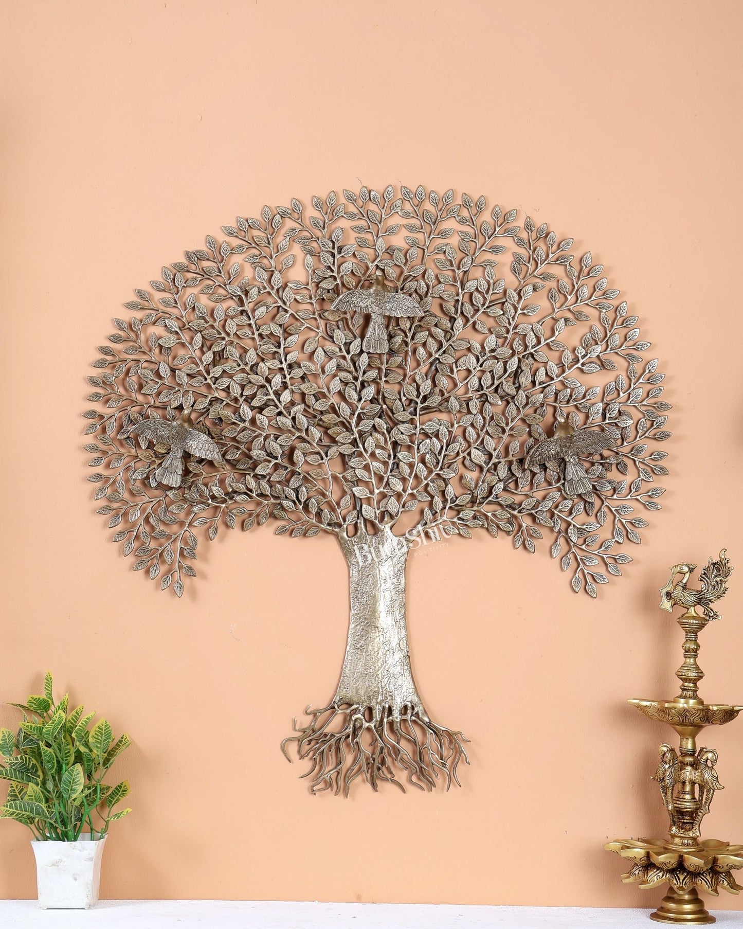 Brass Large Kalpavriksha Tree with Roots Wall Hanging – Handcrafted Tree of Life Wall Décor 34 inch - Budhshiv.com