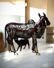 Brass Large Kamadhenu Cow with Calf – 53" - Budhshiv.com
