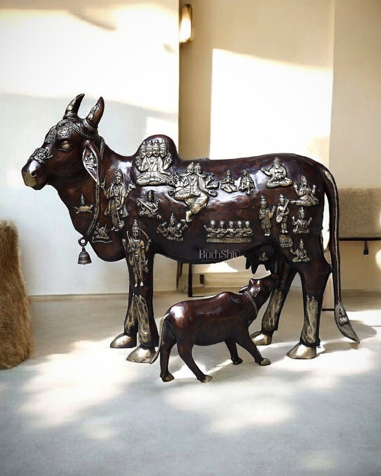 Brass Large Kamadhenu Cow with Calf – 53" - Budhshiv.com