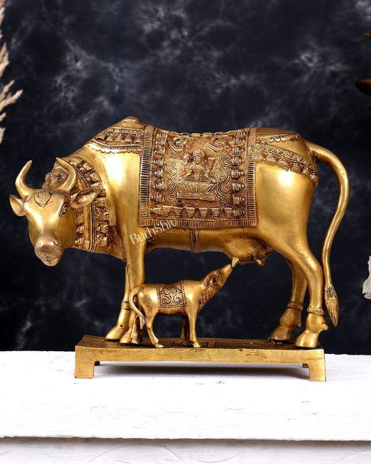 Brass Large Kamadhenu Cow with Calf — Ganesh Lakshmi Carvings 11 inch - Budhshiv.com