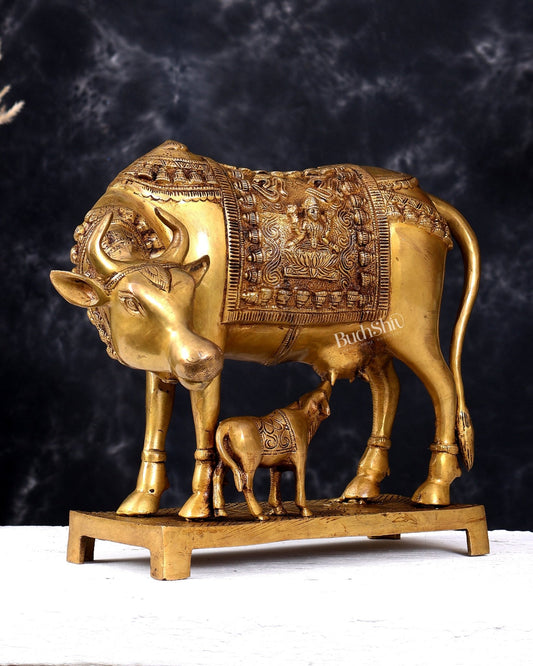 Brass Large Kamadhenu Cow with Calf — Ganesh Lakshmi Carvings 11 inch - Budhshiv.com