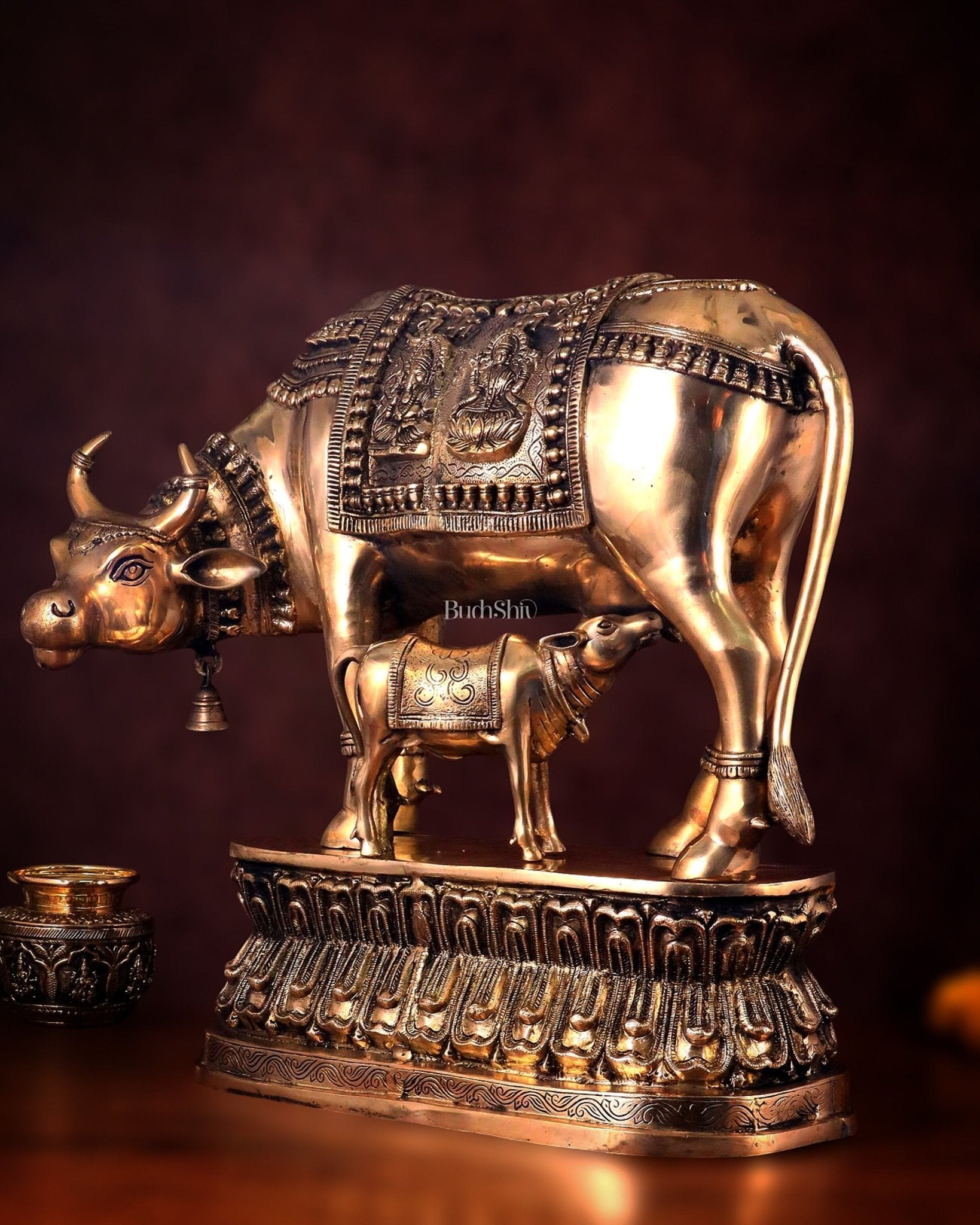 Brass Large Kamadhenu Cow with Calf Idol - 22 Inch Antique Charm - Budhshiv.com