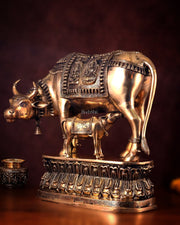 Brass Large Kamadhenu Cow with Calf Idol - 22 Inch Antique Charm - Budhshiv.com