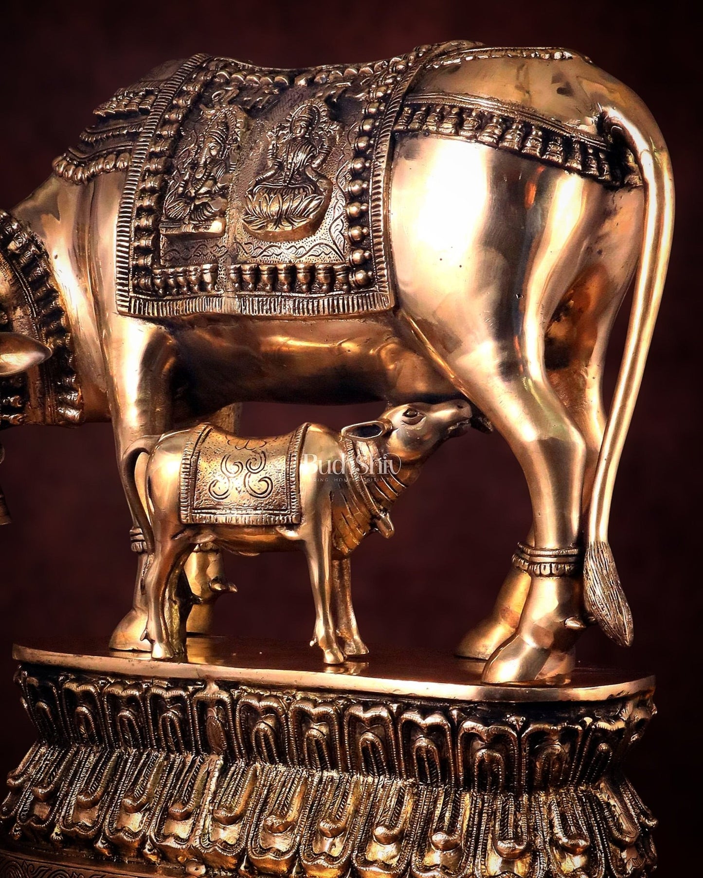 Brass Large Kamadhenu Cow with Calf Idol - 22 Inch Antique Charm - Budhshiv.com