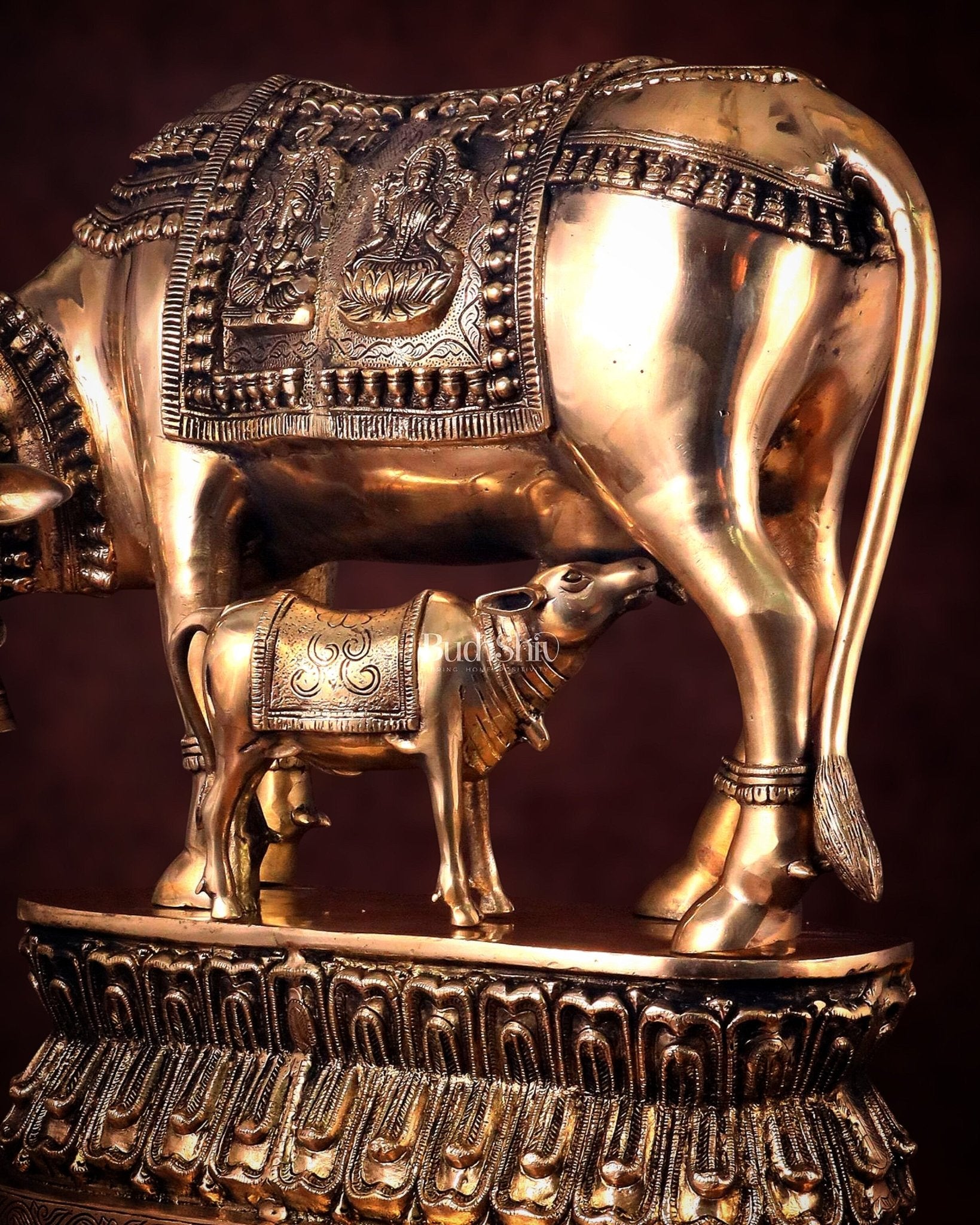 Brass Large Kamadhenu Cow with Calf Idol - 22 Inch Antique Charm - Budhshiv.com