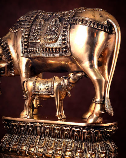 Brass Large Kamadhenu Cow with Calf Idol - 22 Inch Antique Charm - Budhshiv.com