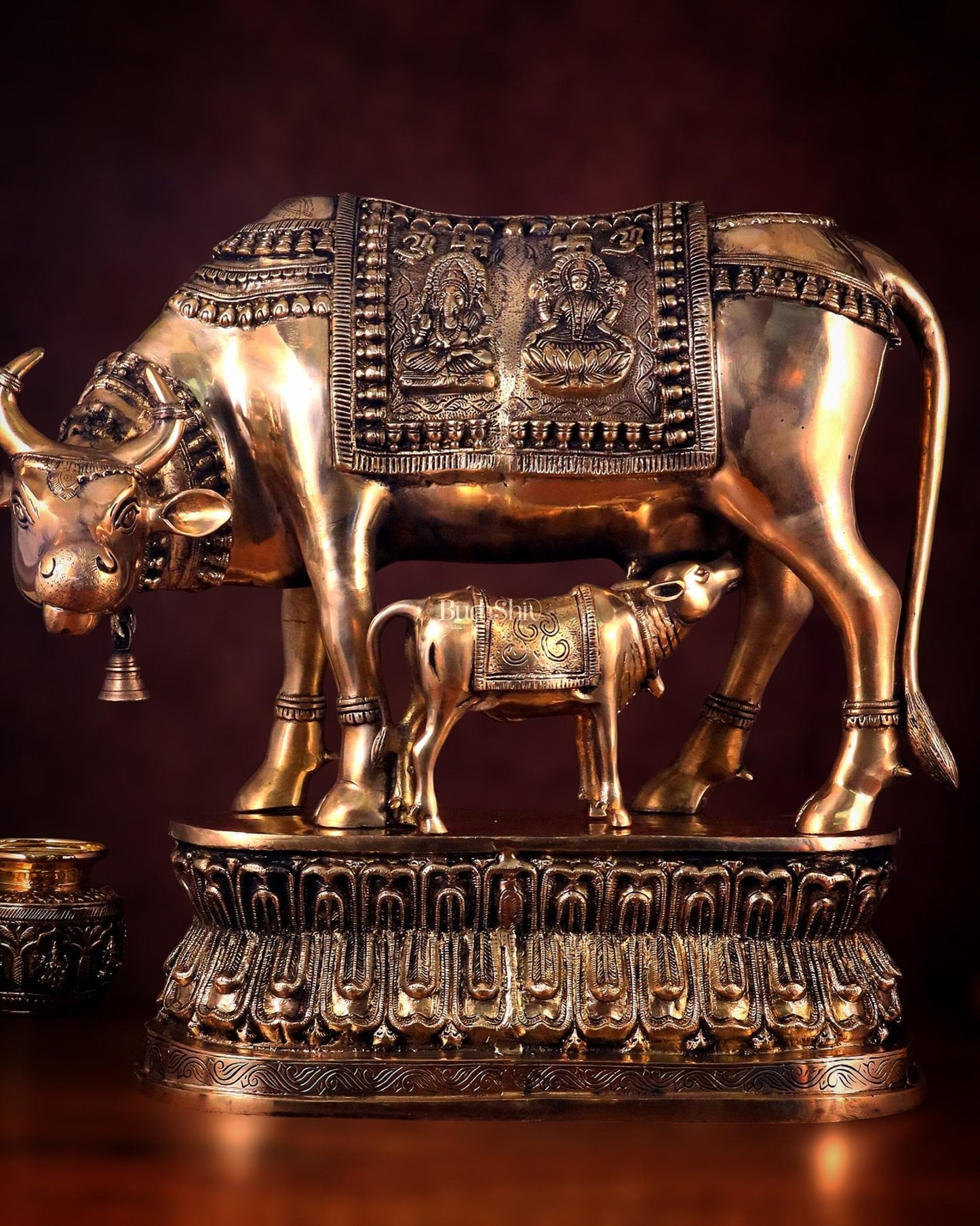 Brass Large Kamadhenu Cow with Calf Idol - 22 Inch Antique Charm - Budhshiv.com