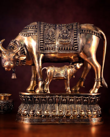 Brass Large Kamadhenu Cow with Calf Idol - 22 Inch Antique Charm - Budhshiv.com