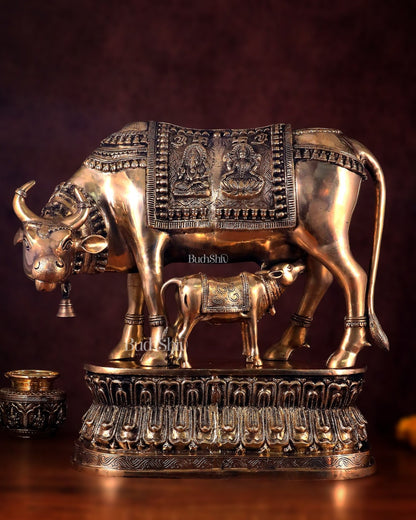 Brass Large Kamadhenu Cow with Calf Idol - 22 Inch Antique Charm - Budhshiv.com