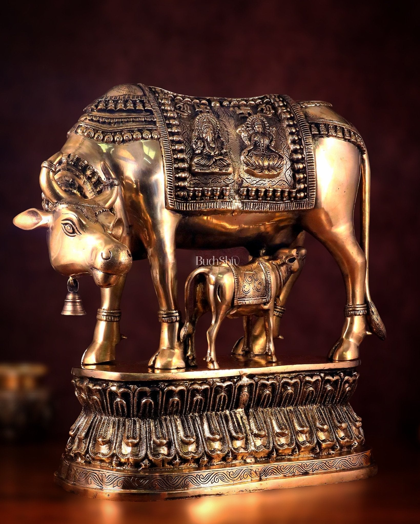 Brass Large Kamadhenu Cow with Calf Idol - 22 Inch Antique Charm - Budhshiv.com