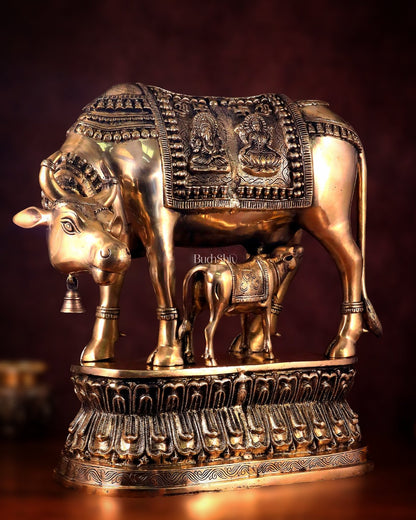 Brass Large Kamadhenu Cow with Calf Idol - 22 Inch Antique Charm - Budhshiv.com