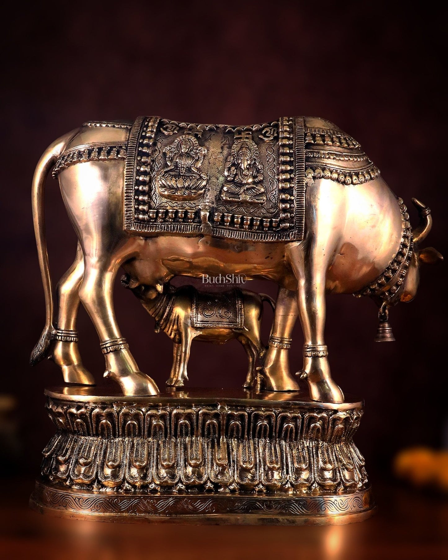 Brass Large Kamadhenu Cow with Calf Idol - 22 Inch Antique Charm - Budhshiv.com