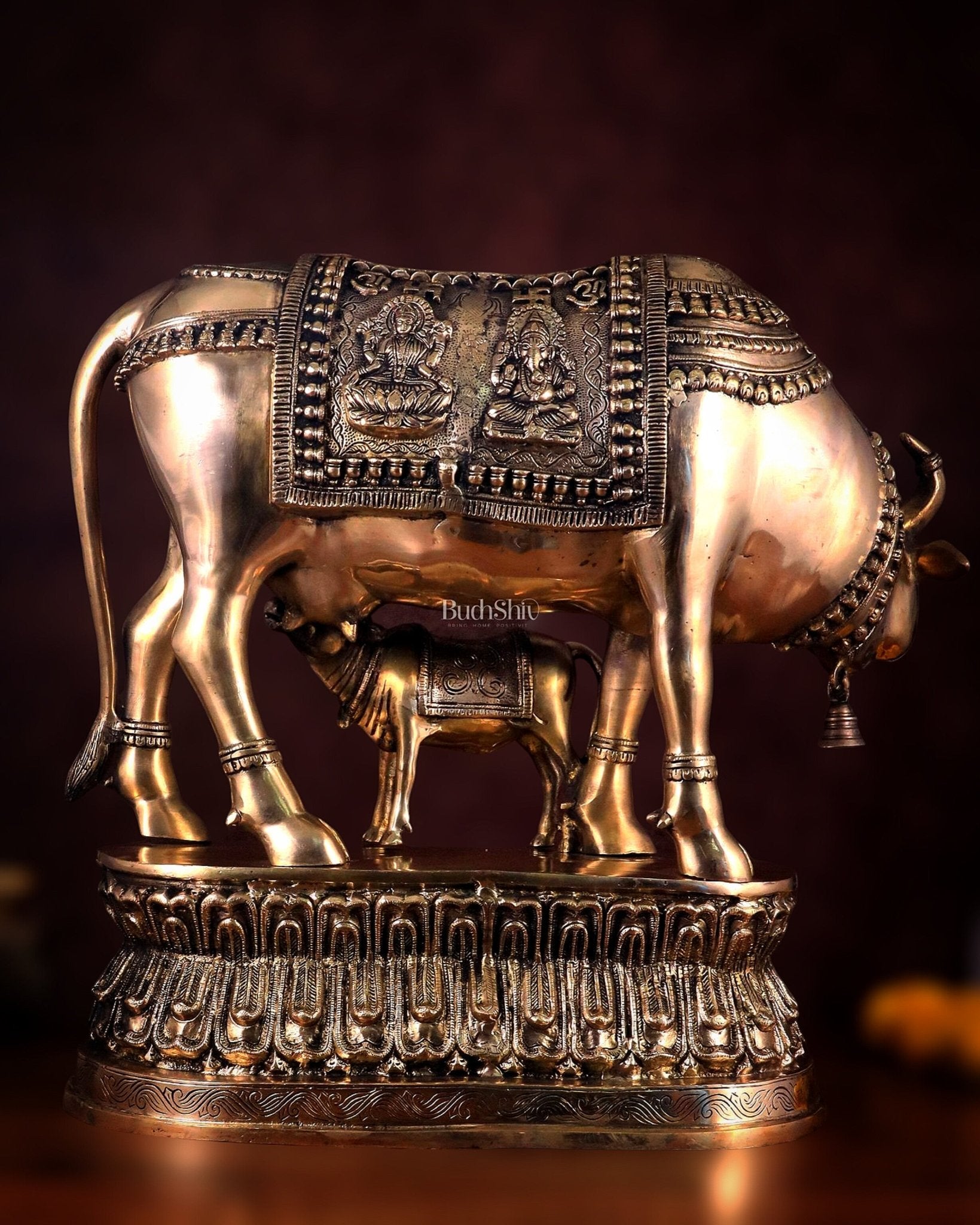 Brass Large Kamadhenu Cow with Calf Idol - 22 Inch Antique Charm - Budhshiv.com