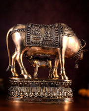 Brass Large Kamadhenu Cow with Calf Idol - 22 Inch Antique Charm - Budhshiv.com