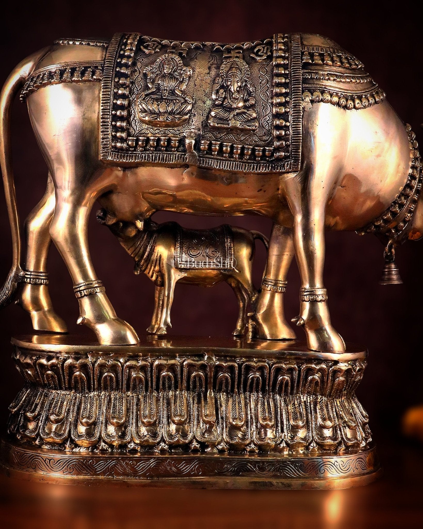 Brass Large Kamadhenu Cow with Calf Idol - 22 Inch Antique Charm - Budhshiv.com