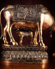 Brass Large Kamadhenu Cow with Calf Idol - 22 Inch Antique Charm - Budhshiv.com