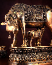 Brass Large Kamadhenu Cow with Calf Idol - 22 Inch Antique Charm - Budhshiv.com