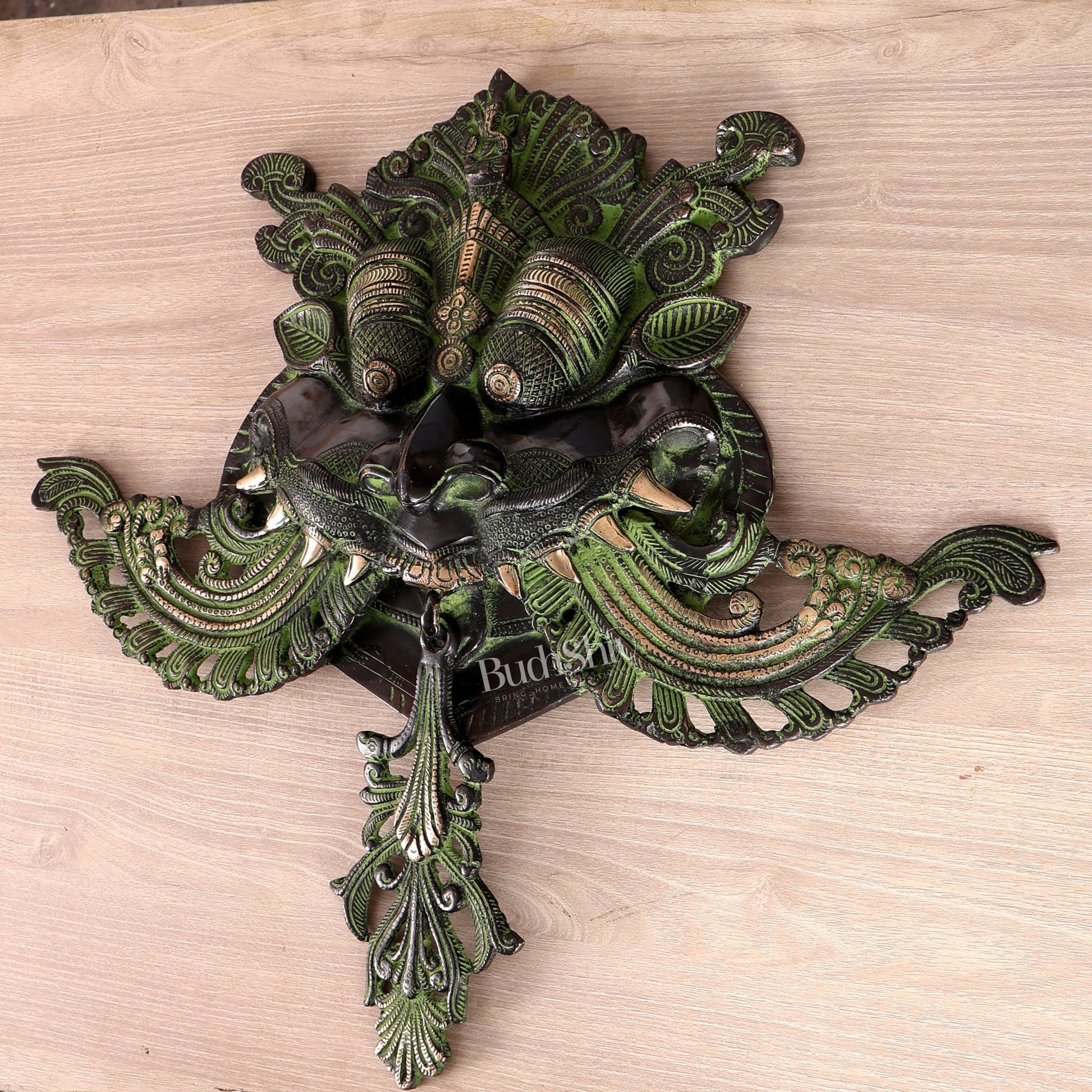 Brass Large kirtimukha Yali wall hanging face Nazarbattu 18" Black and green vintage - Budhshiv.com