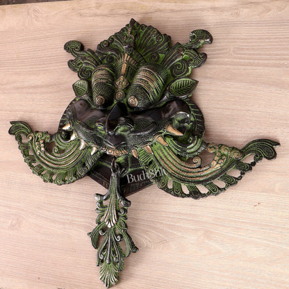 Brass Large kirtimukha Yali wall hanging face Nazarbattu 18" Black and green vintage - Budhshiv.com