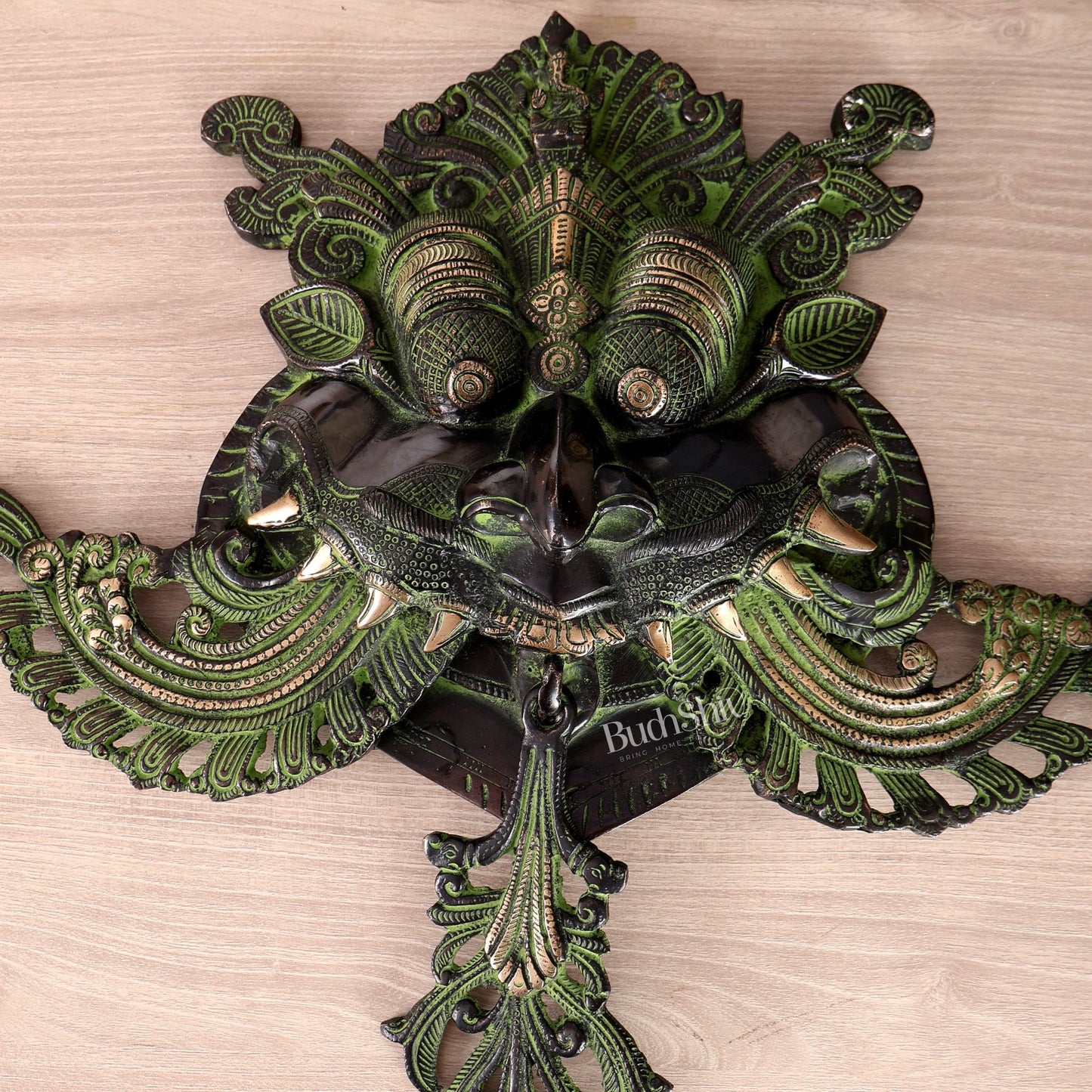 Brass Large kirtimukha Yali wall hanging face Nazarbattu 18" Black and green vintage - Budhshiv.com