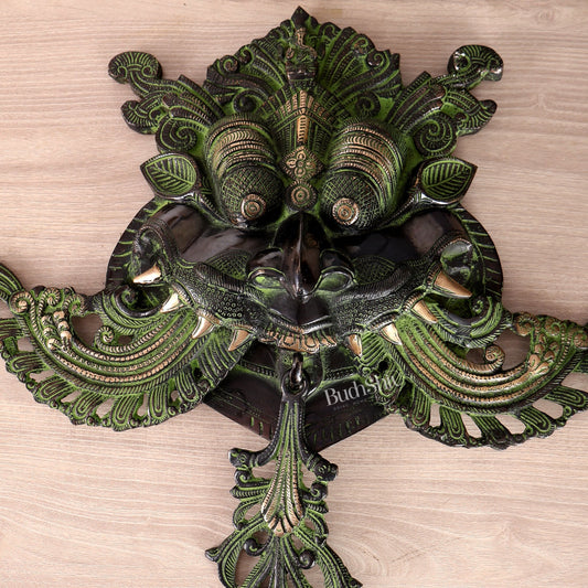 Brass Large kirtimukha Yali wall hanging face Nazarbattu 18" Black and green vintage - Budhshiv.com