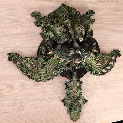 Brass Large kirtimukha Yali wall hanging face Nazarbattu 18" Black and green vintage - Budhshiv.com