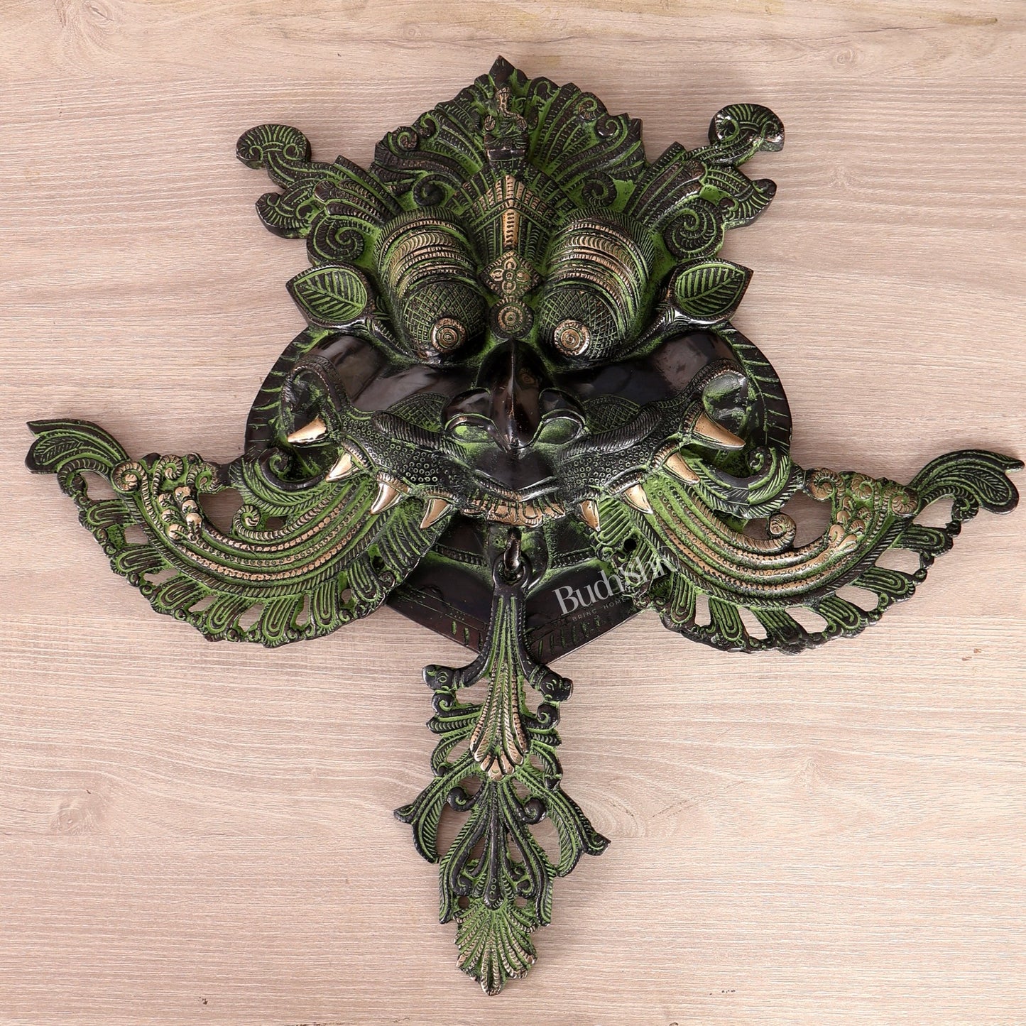 Brass Large kirtimukha Yali wall hanging face Nazarbattu 18" Black and green vintage - Budhshiv.com
