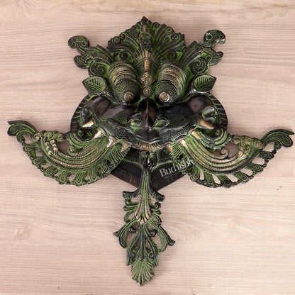 Brass Large kirtimukha Yali wall hanging face Nazarbattu 18" Black and green vintage - Budhshiv.com