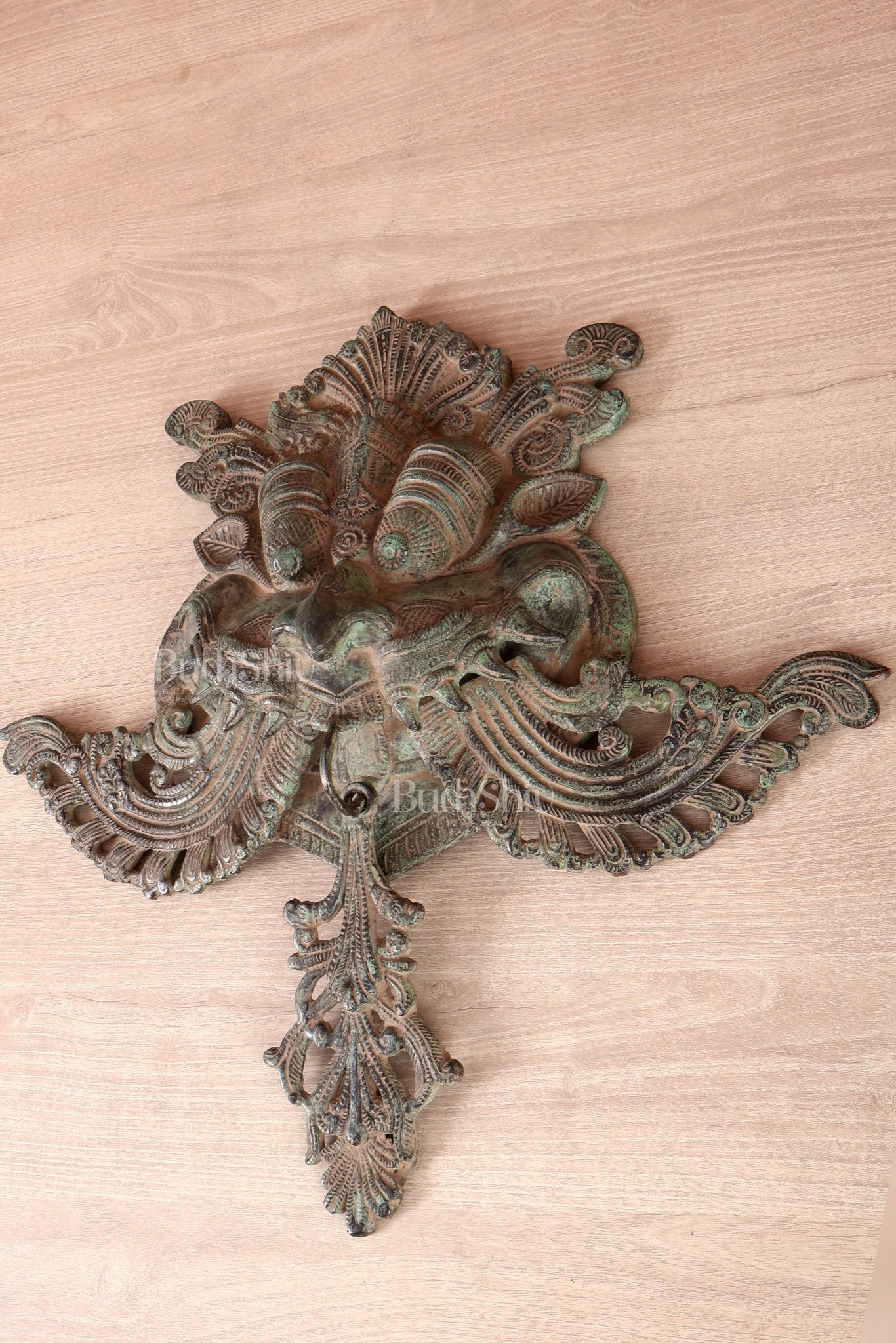Brass Large kirtimukha Yali wall hanging face Nazarbattu 18" sand finish - Budhshiv.com