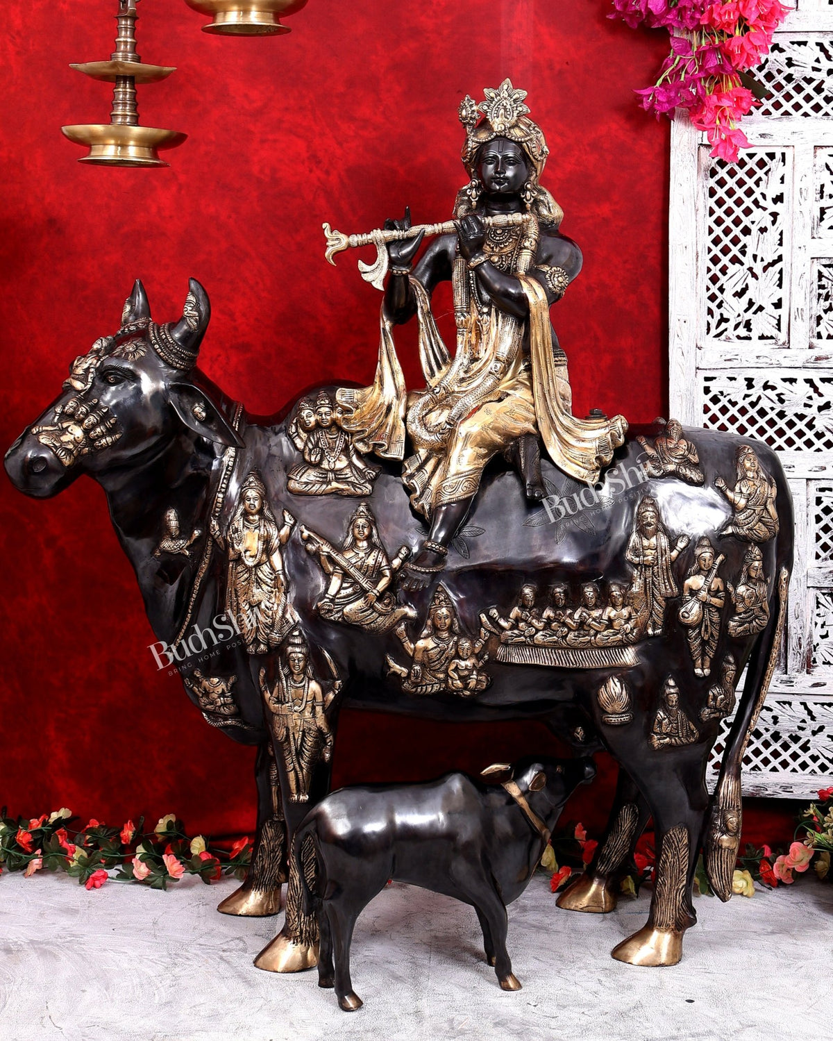 Brass Large Krishna Sitting on Cow Statue — Black and Gold Finish 43 inch tall - Budhshiv.com