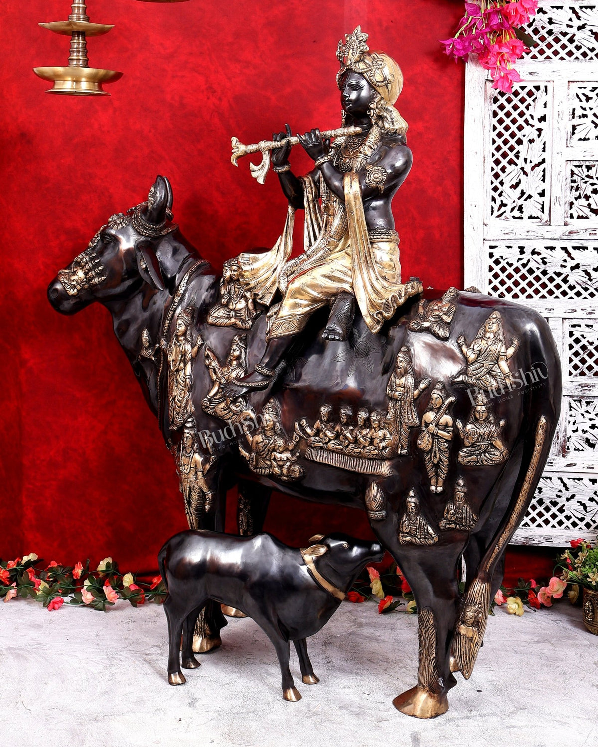 Brass Large Krishna Sitting on Cow Statue — Black and Gold Finish 43 inch tall - Budhshiv.com