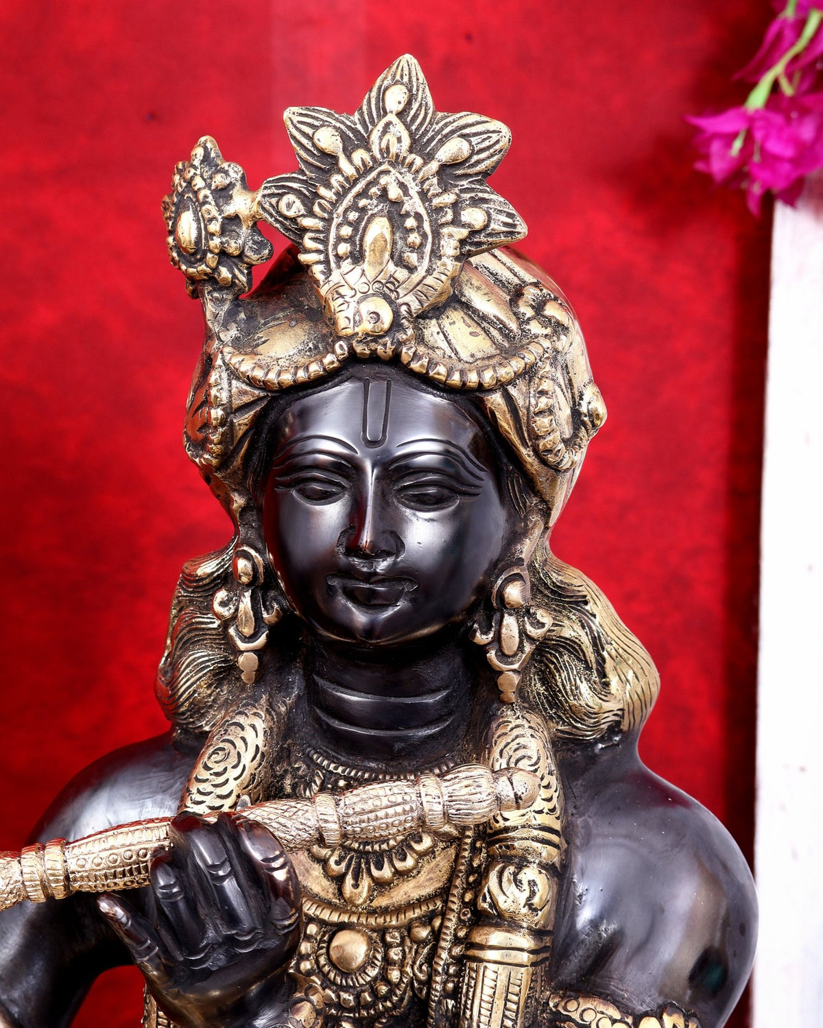 Brass Large Krishna Sitting on Cow Statue — Black and Gold Finish 43 inch tall - Budhshiv.com