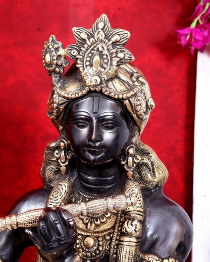 Brass Large Krishna Sitting on Cow Statue — Black and Gold Finish 43 inch tall - Budhshiv.com