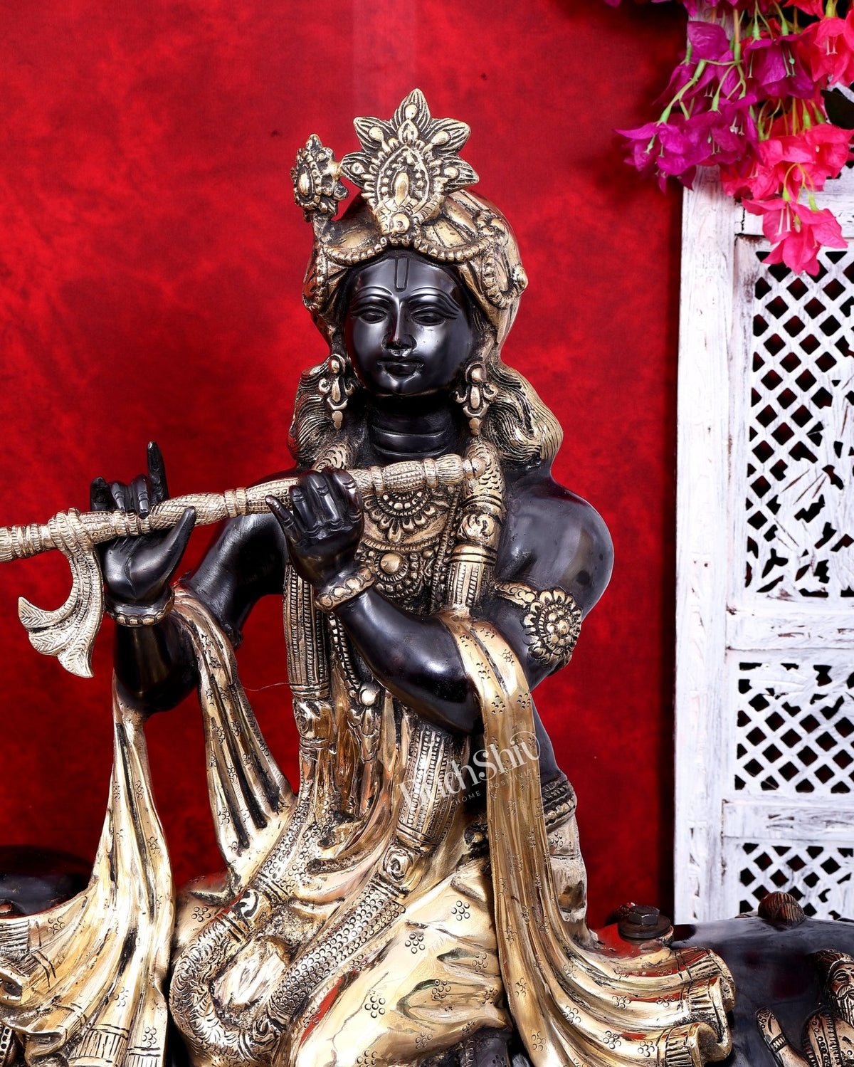 Brass Large Krishna Sitting on Cow Statue — Black and Gold Finish 43 inch tall - Budhshiv.com