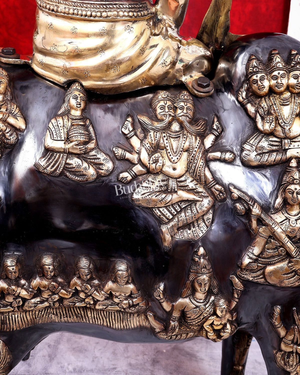 Brass Large Krishna Sitting on Cow Statue — Black and Gold Finish 43 inch tall - Budhshiv.com