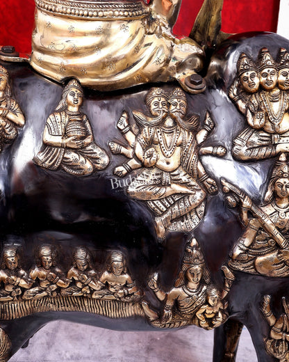 Brass Large Krishna Sitting on Cow Statue — Black and Gold Finish 43 inch tall - Budhshiv.com