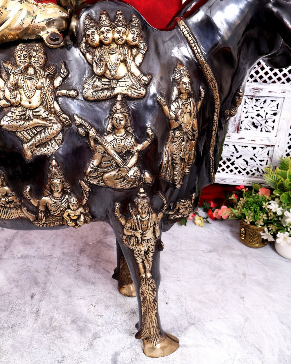 Brass Large Krishna Sitting on Cow Statue — Black and Gold Finish 43 inch tall - Budhshiv.com