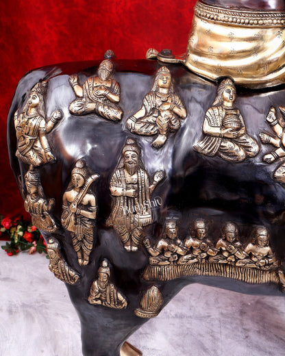 Brass Large Krishna Sitting on Cow Statue — Black and Gold Finish 43 inch tall - Budhshiv.com