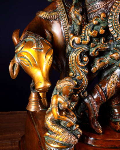 Brass large Krishna with cow statue 28" double chola tone - Budhshiv.com