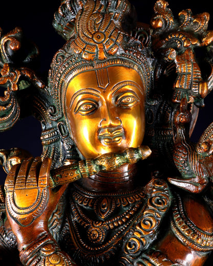 Brass large Krishna with cow statue 28" double chola tone - Budhshiv.com