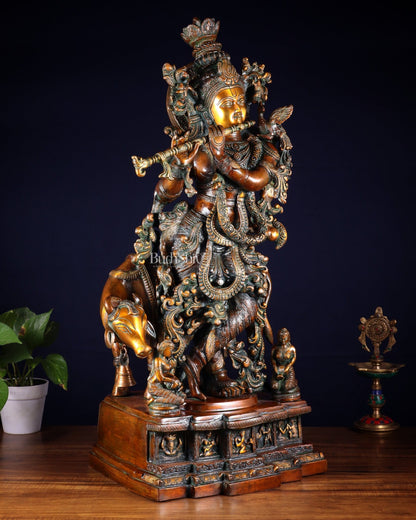 Brass large Krishna with cow statue 28" double chola tone - Budhshiv.com