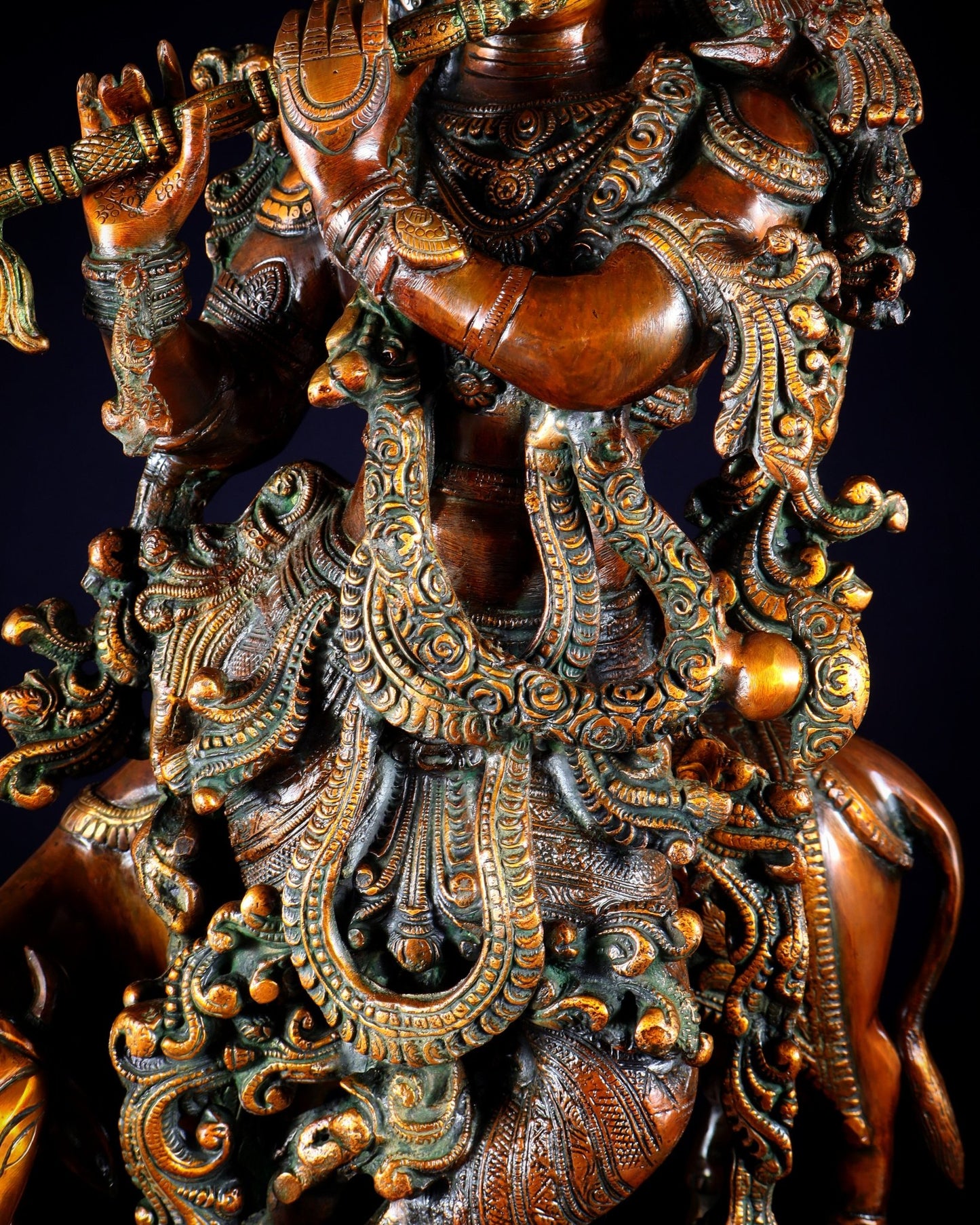 Brass large Krishna with cow statue 28" double chola tone - Budhshiv.com