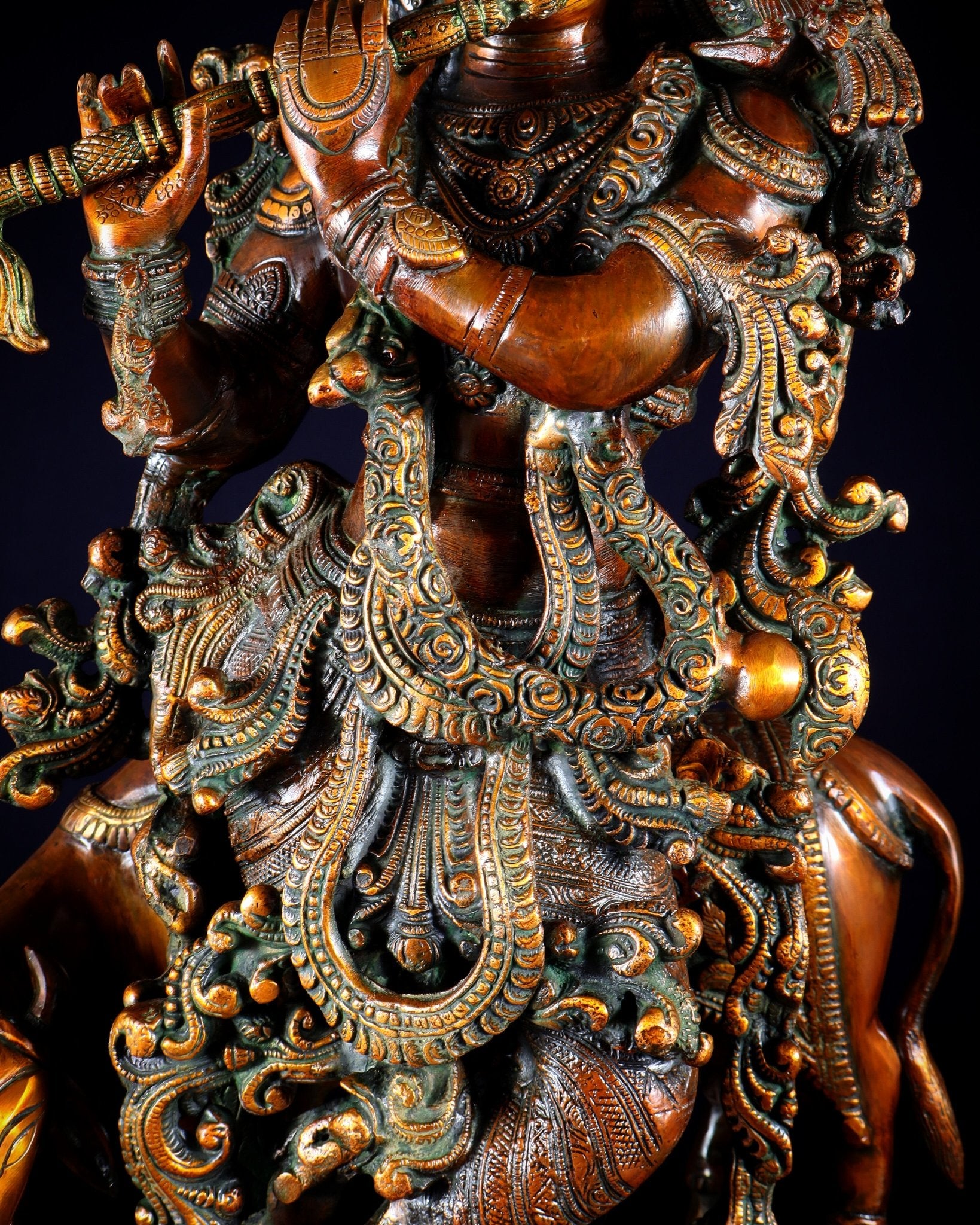 Brass large Krishna with cow statue 28" double chola tone - Budhshiv.com