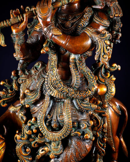 Brass large Krishna with cow statue 28" double chola tone - Budhshiv.com