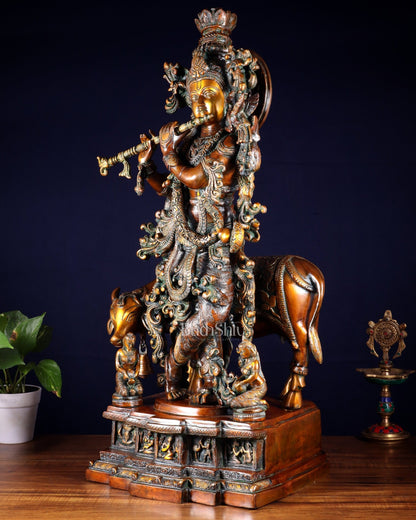 Brass large Krishna with cow statue 28" double chola tone - Budhshiv.com